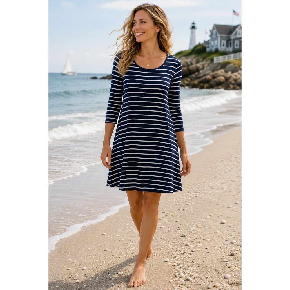 Madison Leigh Navy White Striped Swing Dress 3/4 Sleeve Stretch Rayon